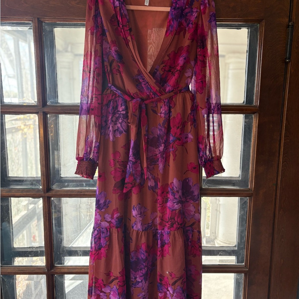 Sofia Floral Wrap Purple Pink Tan Maxi Dress Size M - Picture 4 of 8
